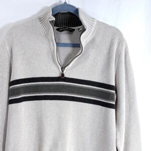 Eddie Bauer Quarter Zip Sweater Cream Striped Ribbed Knit Mens Large Pullover
